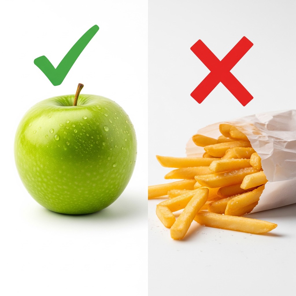 Left side shows a green apple with a green checkmark above it; right side shows a red X and a pile of french fries.