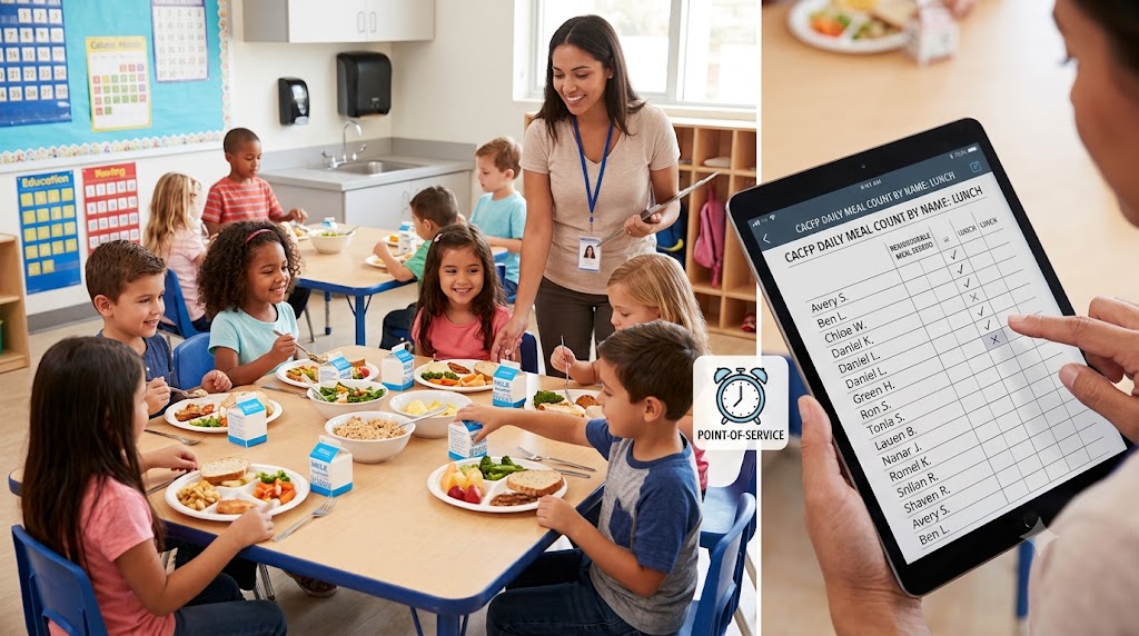 Children sit at tables eating lunch in a bright classroom with a teacher supervising nearby.