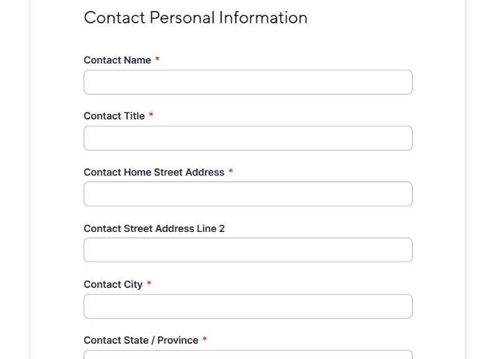 The Contact Personal Information section of TDA’s CACFP Intake Form, with Contact Name, Contact Title and contact home address fields.