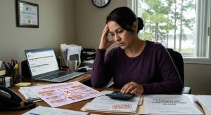 Child care director at her desk reviewing a Summer Food Service Program application rejected for regional disqualification and a Texas Workforce Commission letter stopping subsidized child care funding because of a CACFP NDL listing.