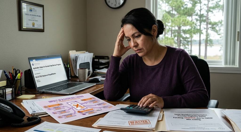 Child care director at her desk reviewing a Summer Food Service Program application rejected for regional disqualification and a Texas Workforce Commission letter stopping subsidized child care funding because of a CACFP NDL listing.
