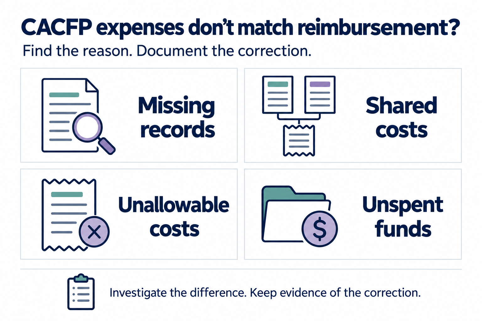 CACFP reimbursement gaps: missing records, shared costs, unallowable costs and unspent funds
