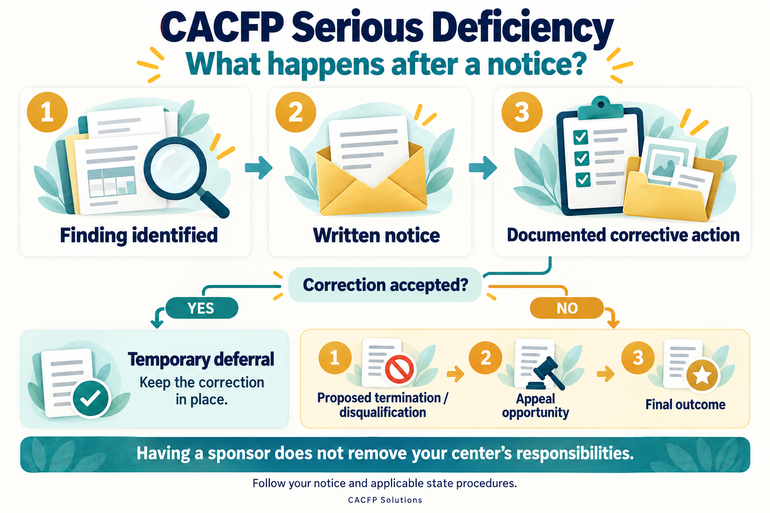CACFP serious deficiency response roadmap, with temporary deferral and proposed termination paths.